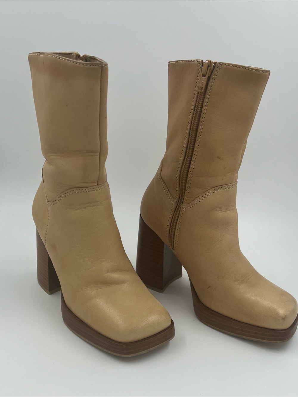 Candies 90’s Y2K Vintage Platform Chunky Leather Boots Side Zip Beige Women’s 5